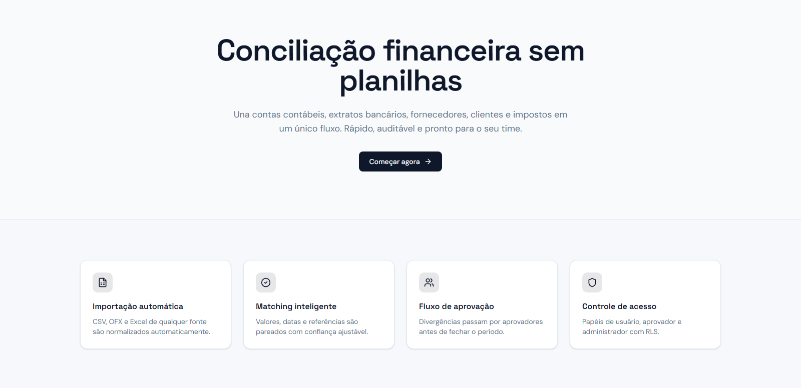 Tela de funcionalidades da conciliação bancária automática