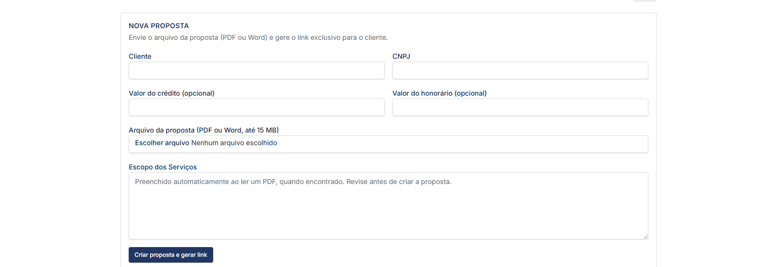 Formulário de criação de nova proposta comercial